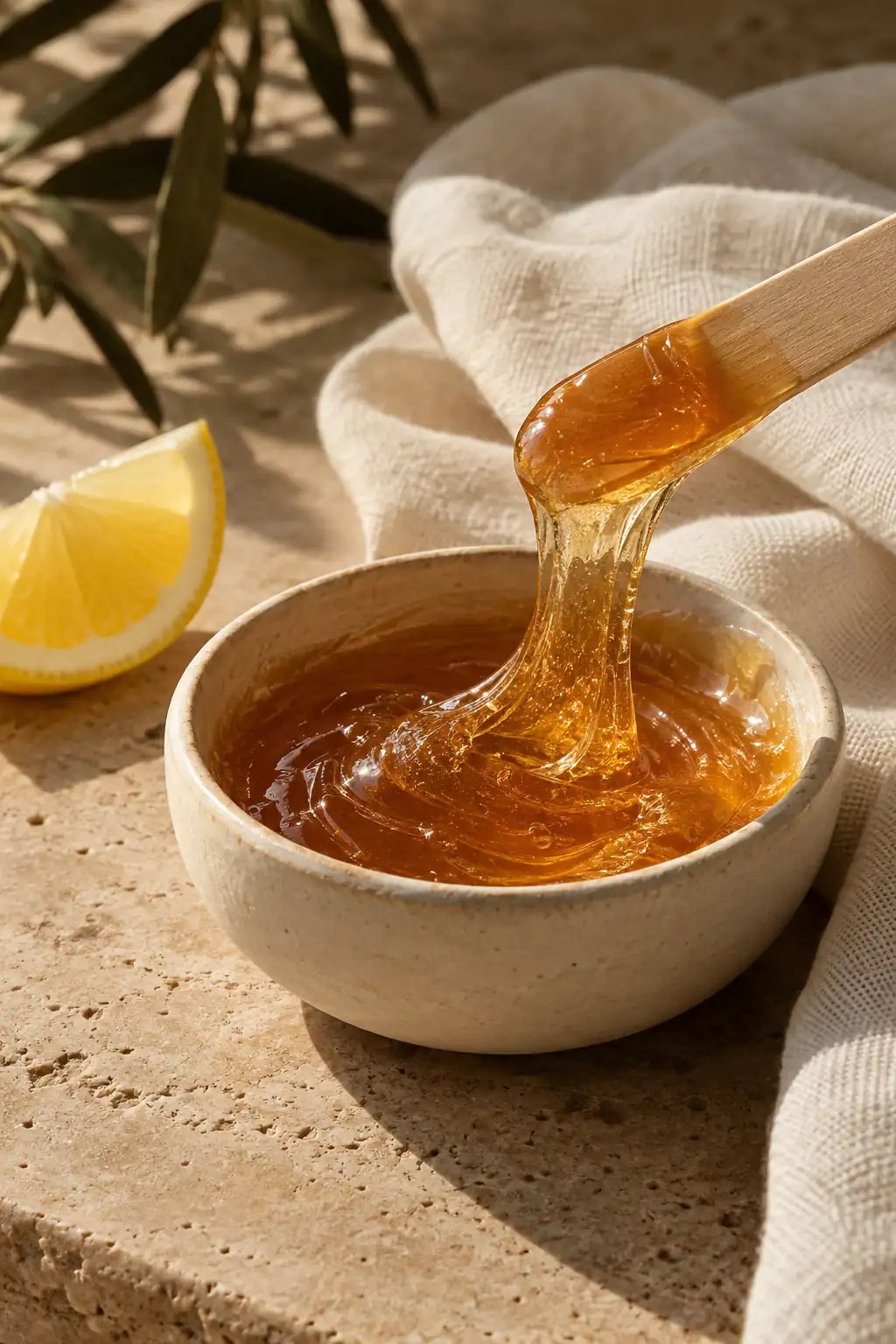 Composition illustrative : pâte de sucre ambrée et citron pour le sugaring